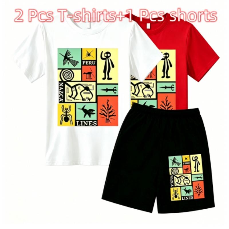 Fashion Retro Mysterious Runes Print Outdoor Street Kids T-shirt and Shorts Summer Home Casual Outfit Boy and Girl's Sports Set