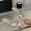 Fashion SUOJIALUN 2025 Summer New Brand Women Slipper Fashion Silk Bow-knot Ladies Elegant Sandal Thin High Heel Outdoor Dress Slides Sh