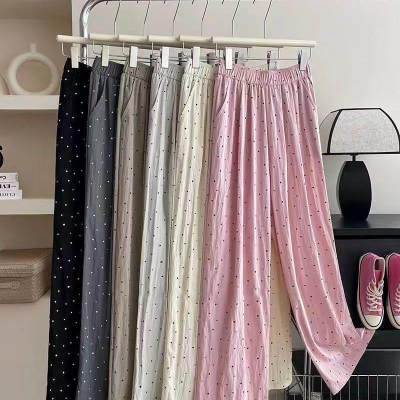 Summer Polka Dot Ice Silk Wide-Leg Pants: Wrinkle-Resistant, Loose, Tummy-Slimming, Casual Fit