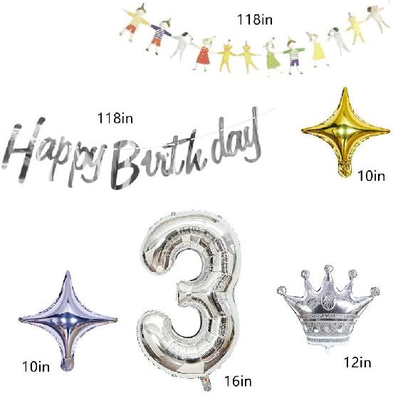 Balloon 3rd birthday silver, birthday decoration girls boys 3 year, happy birthday foil balloon 3, balloon 3 decoration for the birthday, decoration