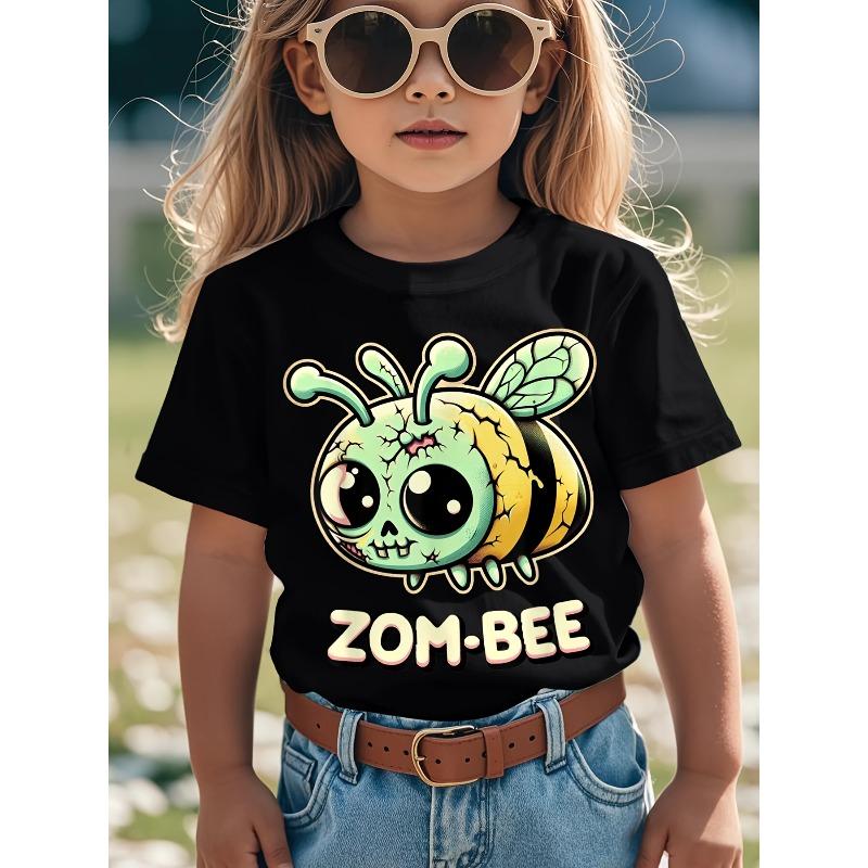 Children Crew Neck Short Sleeve T-Shirt with Cartoon Zombie Bee Print