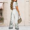 Women Plus Size Light Grey Round Neck Short Sleeve Printed Crop Top Wide Leg Pants Two Piece Set