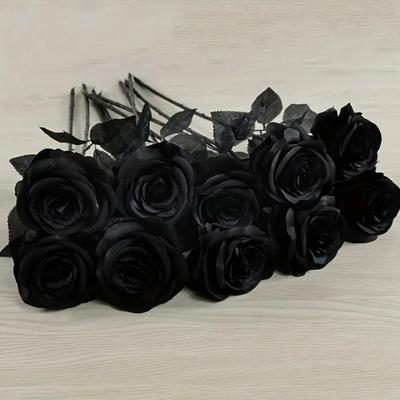 5/10pcs Artificial Black Roses for Home Decor, Long Stem Fake Flowers No Vase, Wedding Halloween Party Table Centerpiece