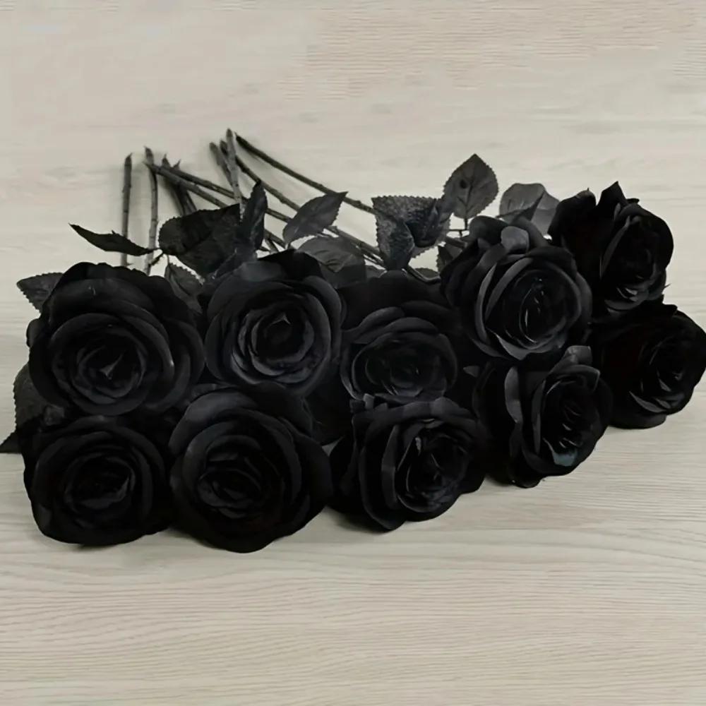 5/10 Stück künstliche schwarze Rosen für die Heimdekoration, lange Stiele, Kunstblumen ohne Vase, Tischmittelstück für Hochzeiten, Halloween-Partys