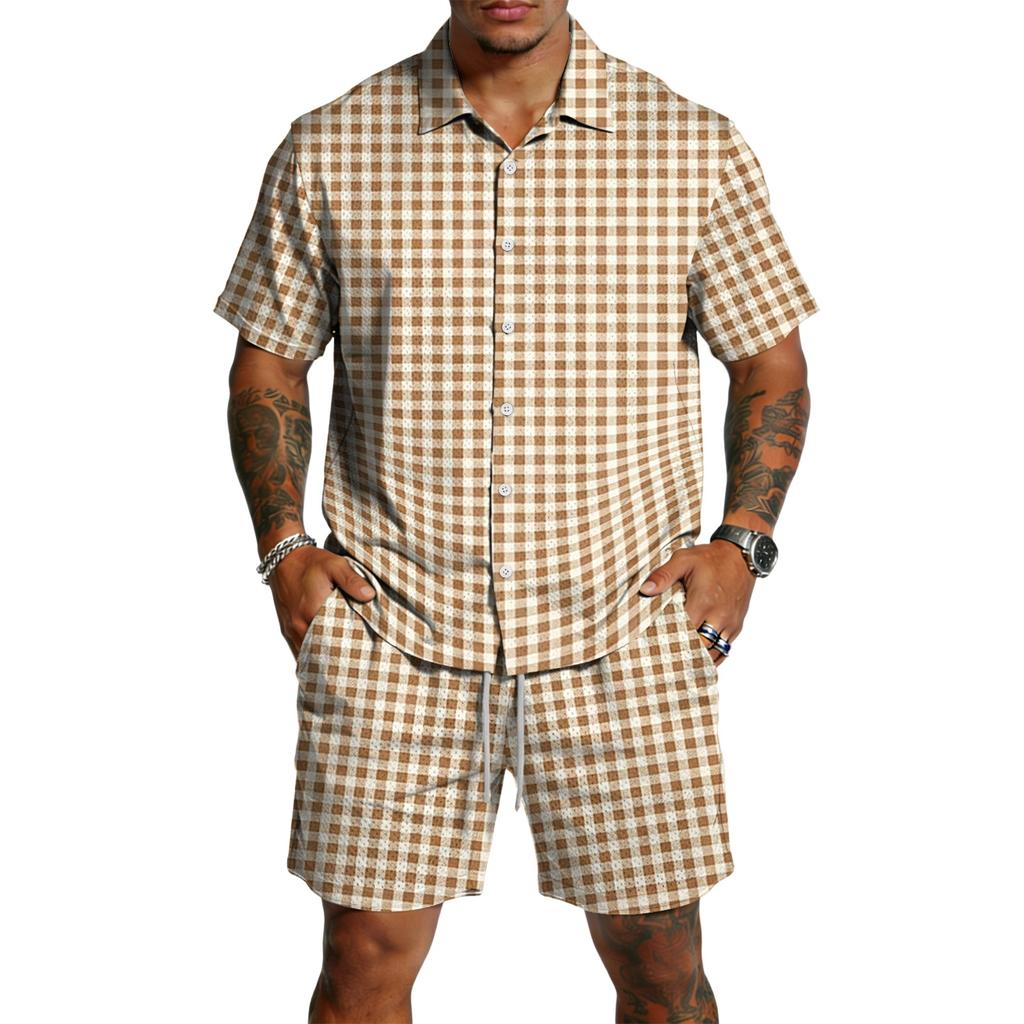 Men's Casual Two Piece Set Short Sleeve Button Down Shirt with Matching Shorts Lightweight Summer Outfit for Outdoor Activities
