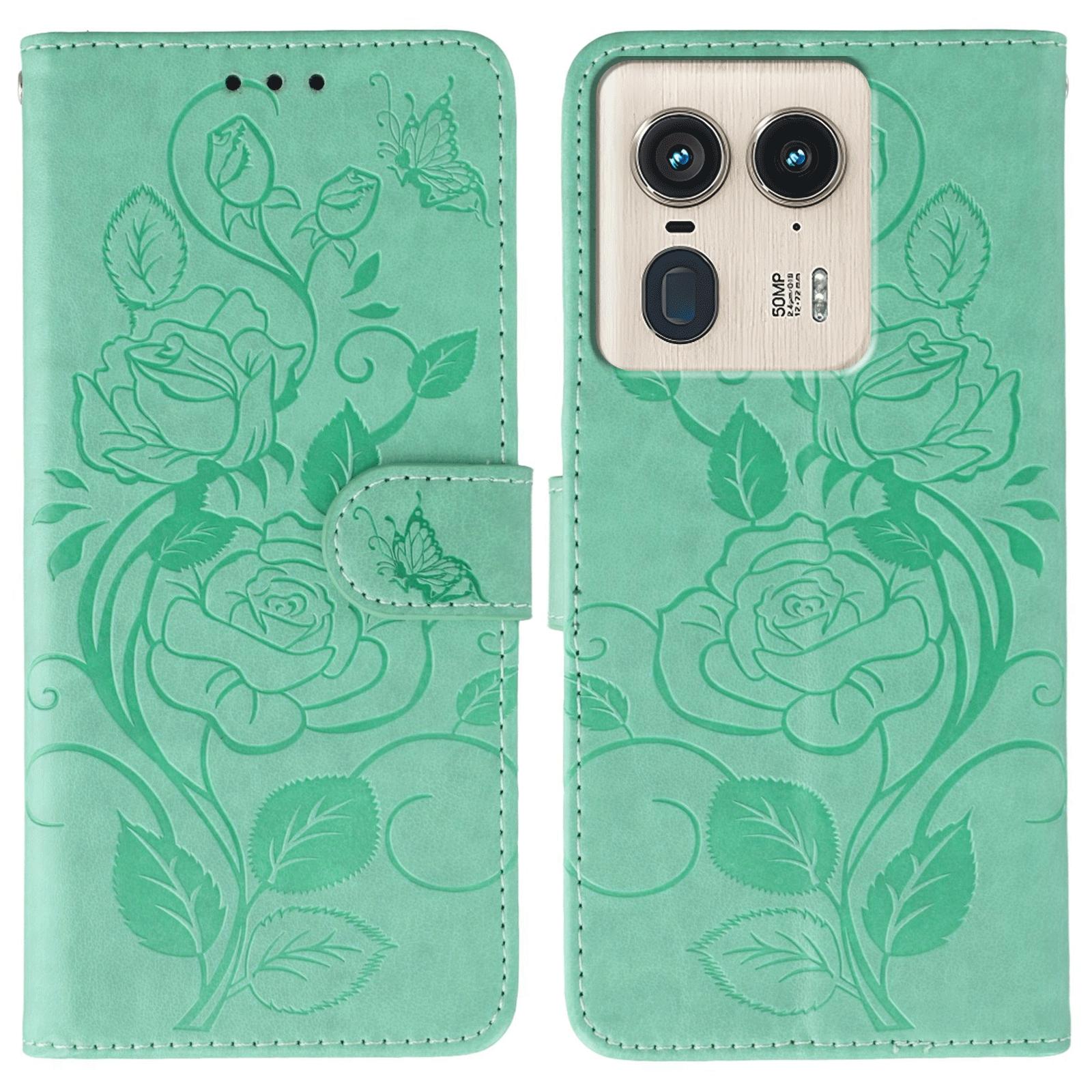 

For Motorola Edge 50 Ultra 5G/Moto X50 Ultra 5G Case Wallet Stand Imprinted Rose Butterfly PU Leather Phone Cover Green