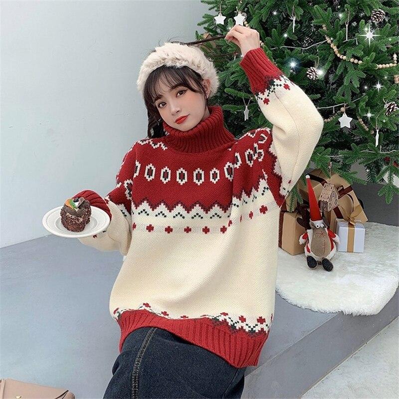 Suéteres navideños Otoño Invierno Sueltos Estilo coreano Cuello alto Suéteres de punto Casuales Manga larga Suéteres de jersey gruesos