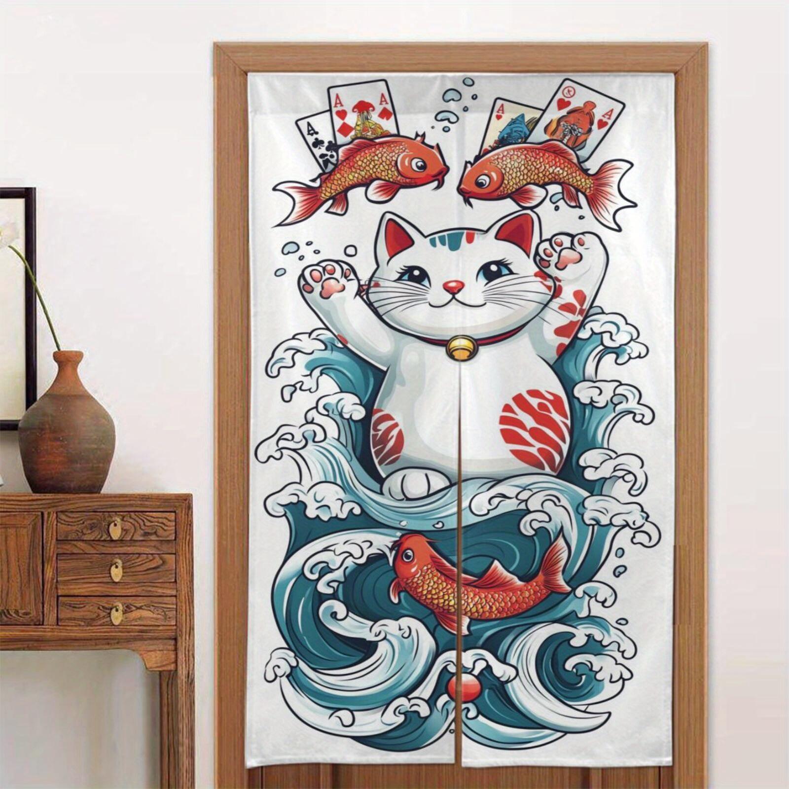 

1pc Japanese Lucky Cat Door Curtain - Modern Linen Fabric 34x56 Inch, Floral & Wave Pattern with Vibrant Colors, Machine Washabl 65x100cm26x39in