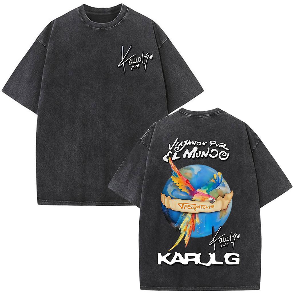 Karol G Viajando Por El Mundo Tropitour  Graphics T Shirt Unisex Women Fashion Cotton Loose Casual Vintage Washed Tshirts Tops