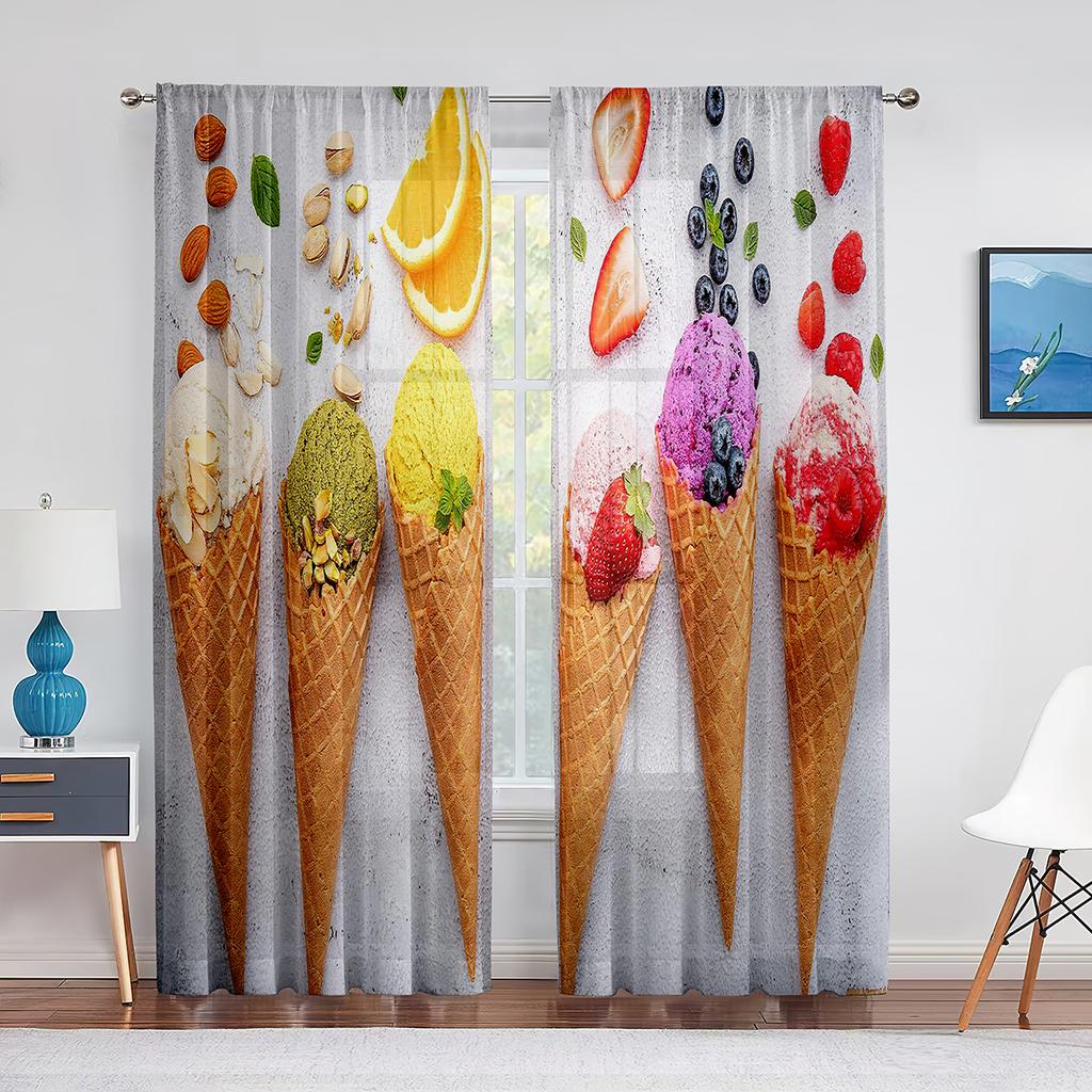Ice Cream Summer Theme Chocolate and Fruity Flavor Tulle Window Curtains for Living Room Bedroom Decorative Sheer Voile Curtain