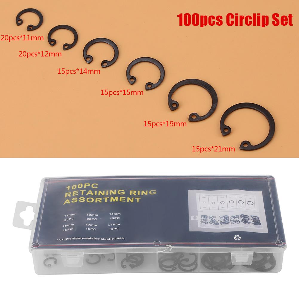 100pcs Black C Clips Snap Circlip Clip Shop Assortment Internal External Lock Retaining Kit for Industrial Fasteners 11mm - 21mm 6 Sizes with Box