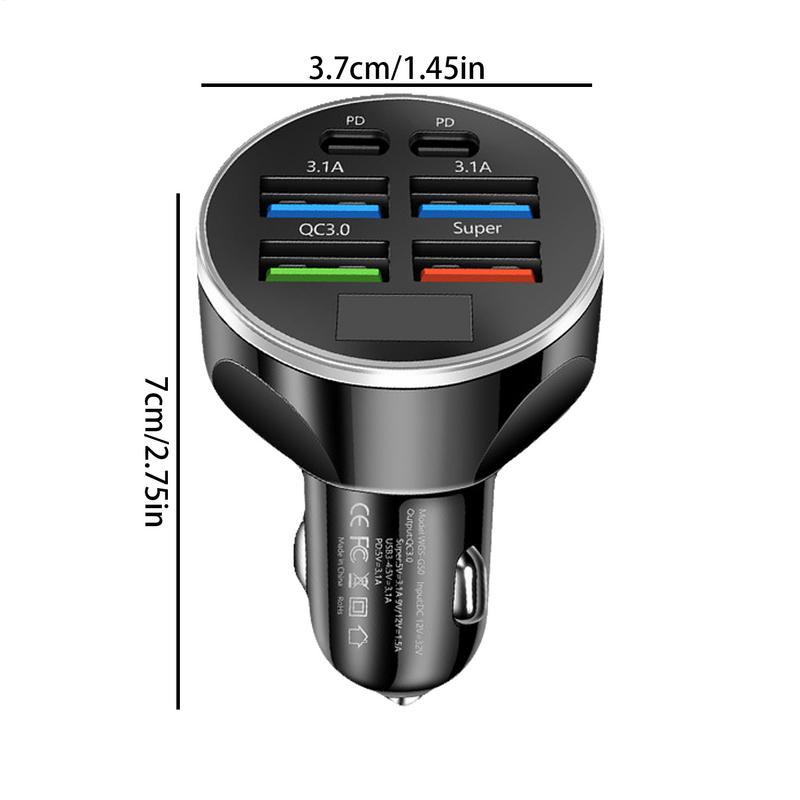 Car Charger Port Digital Display Car Charger with 6 Charging Ports Colorful Lights Charging Supplies Multifunctional Snap Lock
