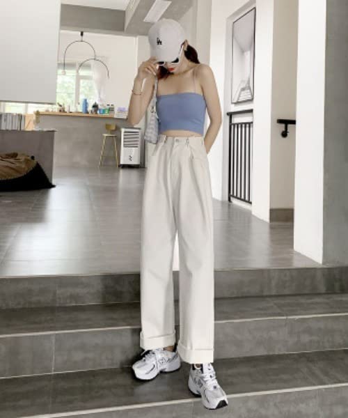 Aimoha Denim Pants with Waist Baggy Zip White Size White Women's High-Waisted Tucks, Silhouette, Fly, Denim, XL,