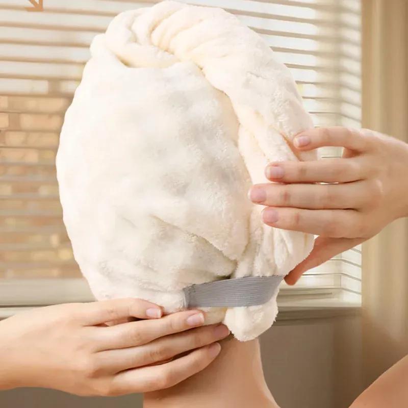 Thickened Super Absorbent Dry Hair Cap 3Pcs Faux Rabbit Hair Solid Hair Towels Simple Coral Fleece Double Shower Cap with Strap