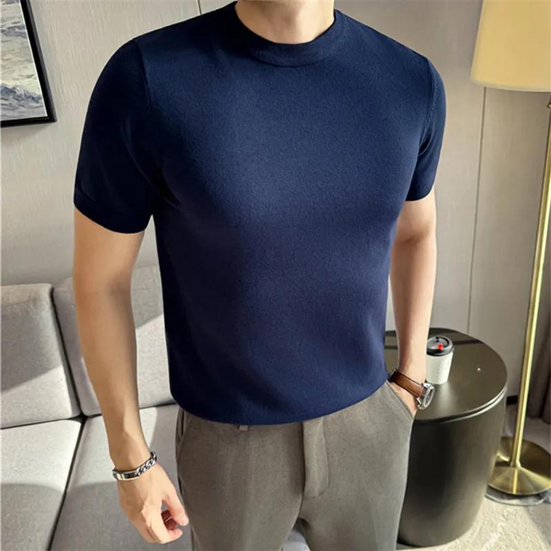 High Quality Solid Color Thick O-Neck Knitted T-Shirts Men Slim Fit Short Sleeve Knit Pullovers Korean Style Casual Tees Tops