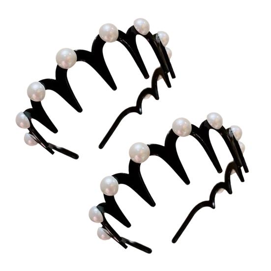 2Pcs Women Headband Faux Pearls Decor Anti-slip Teeth Hair Hoop Lightweight Elastic Hair Accessory Daily Wear