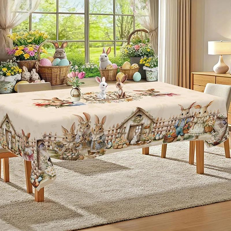 Vintage Easter Bunny Eggs Tablecloths Holiday Party Decor Spring Floral Rectangle/Round Table Cover Easter Decorations For Home