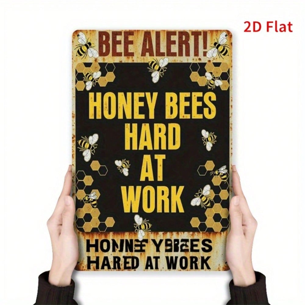 Vintage Metal Wall Art Bee Alert Rusty Iron Sign Honeycomb Decor 7.8x11.8 Inch 20x30