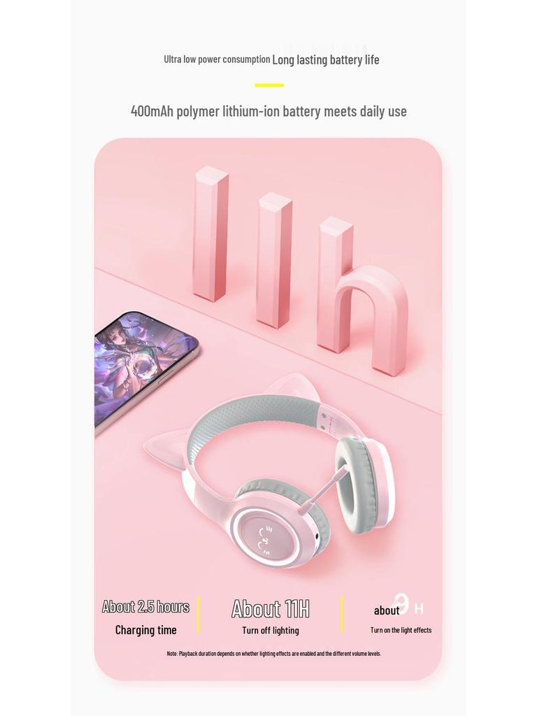 BH-300 Cat Ear Light-Up Bluetooth Headphones with Microphone for Live Streaming