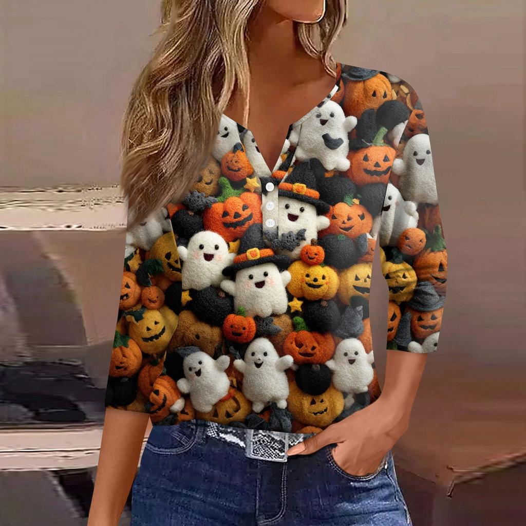 Women's T Shirt Tee Halloween Printed Button 3/4 Sleeve Tunic Daily Weekend Fashion Basic V- Neck Regular Top