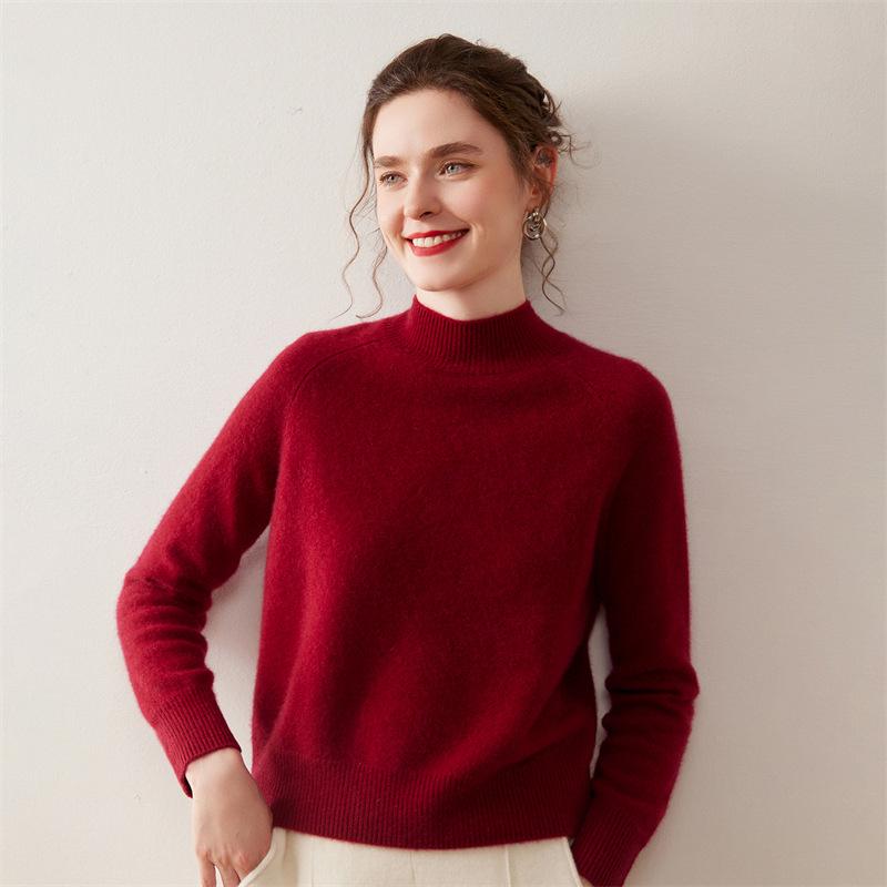 Women's Korean Style Cashmere Sweater: Half-High Collar, Solid Color, Short Raglan Sleeve, Perfect for Autumn and Winter