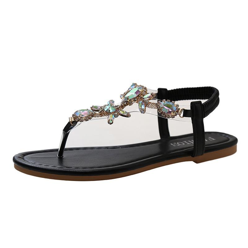 Strass-Sandalen mit flachem Boden Damen Sommer neue Zehen große Größe Strandsandalen