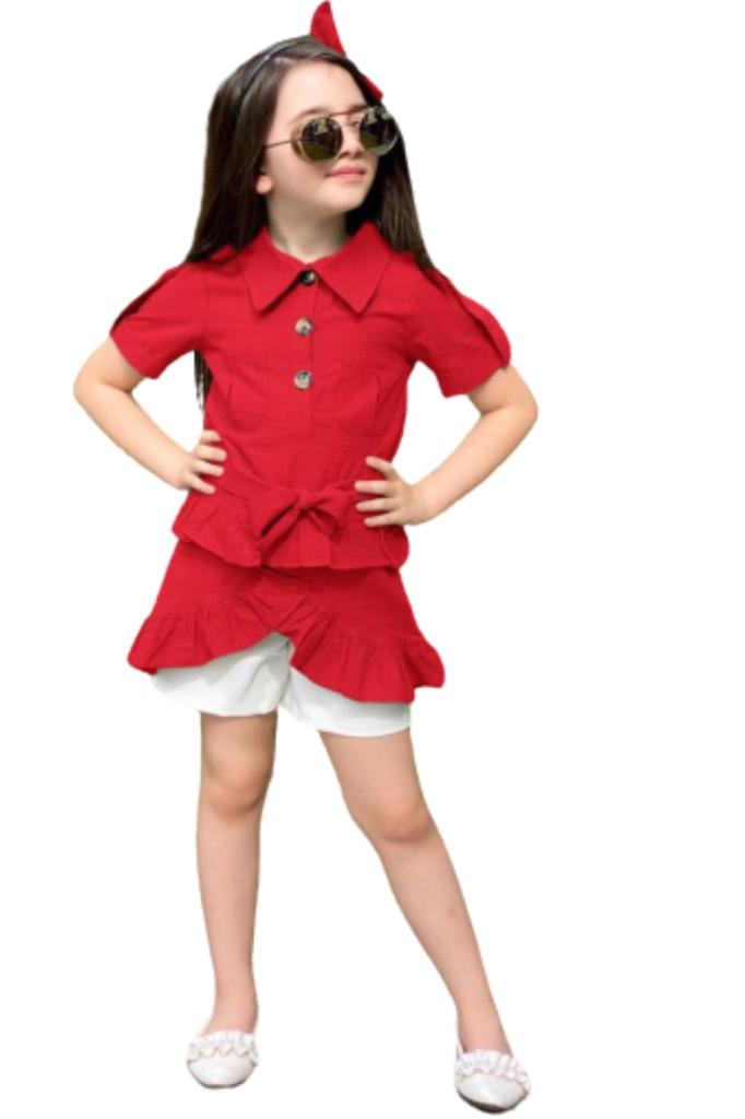 

Girl s Waist Tie Button Detailed Skirt Frilly Red Tunic