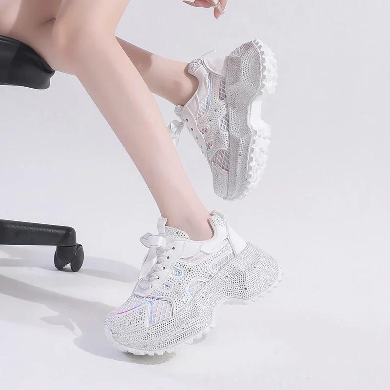 Fashion 7cm Summer Luxury Designer Women Daddy Rhinestone Sneakers Thick Bottoms Mesh Pink Sweet Ladies Tenis Platform Shoes Spring