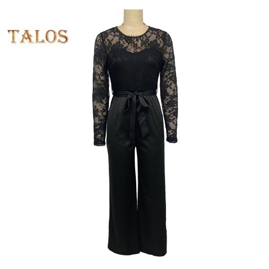 Γυναικεία Φόρμα Επίσημη Δαντέλα Μακρυμάνικη Παντελόνι Ευρύ Πόδι Ψηλόμεσο Ρομπέρ με Ζώνη Καλοκαιρινό Ολόσωμο Φόρμα