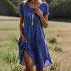 Lady Summer Dress Tečkovaný potisk Posádkový výstřih Krátké rukávy A-Line Volný Etnický styl Velký lem Denní nošení Volný čas Midi šaty