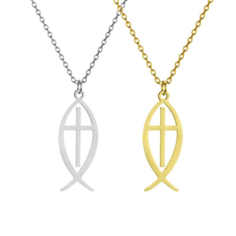 14K Gold Plated Jesus Fish Cross Necklace Stainless Steel Ichthys Necklace For Women Christian Faith Jewelry