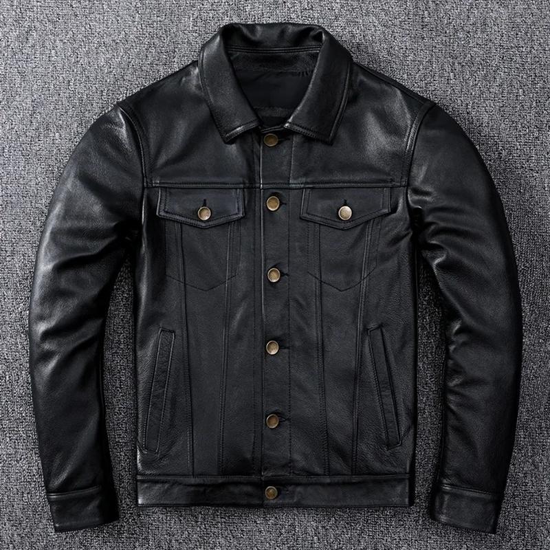 

Бесплатная доставка.Куртка из натуральной кожи.Классическое повседневное тонкое пальто из воловьей кожи.Мужская качественная кожаная одежда больших размеров.мода.оптовые продажи