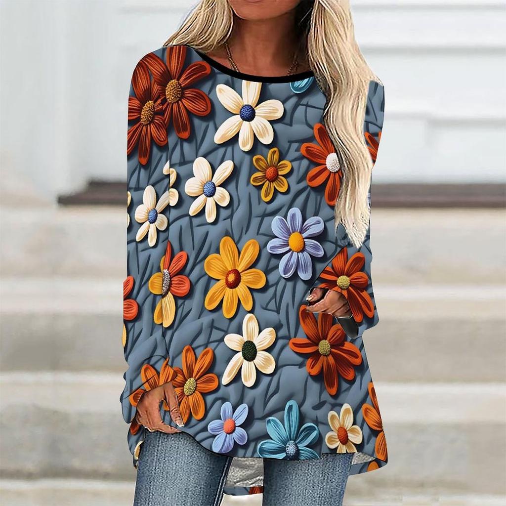 Übergröße Damen Frühling Floral bedrucktes Bequemes Langarm Rundhals T-Shirt Lässiges Baggy Mittellanges Tee Oberteil