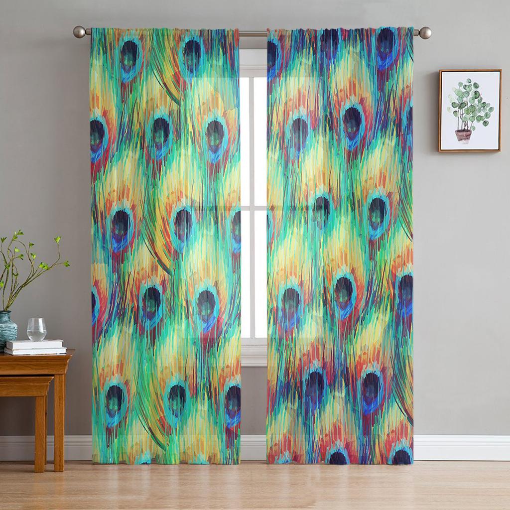 Animal Peacock Forest Stone Tulle Sheer Window Curtains for Living Room Bedroom Modern Tulle Voile Curtains Drapes Decoration
