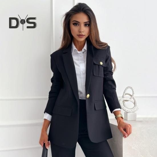Women Suit Coat Lapel Long Sleeve Flap Pockets Suit Jacket Solid Color Single Button Office Lady Outwear