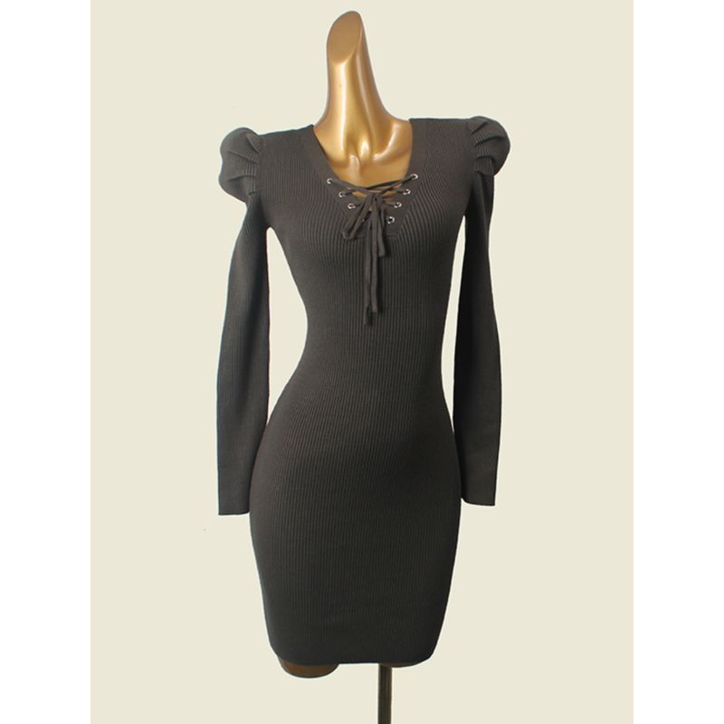 2024 Fall and Winter New Arrival Sexy V-neck Knitting Dress Women's Pure Desire Style Silm Puff Sleeves Base Narrow Short Skirt