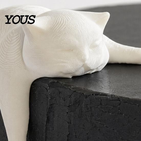 Modern Cat Ornament for Home 3D Printed Lazy Figurine, Sleeping Kitten Desk Decor, Cute Animal Statue Minimalist Room Office, DIY Paintable