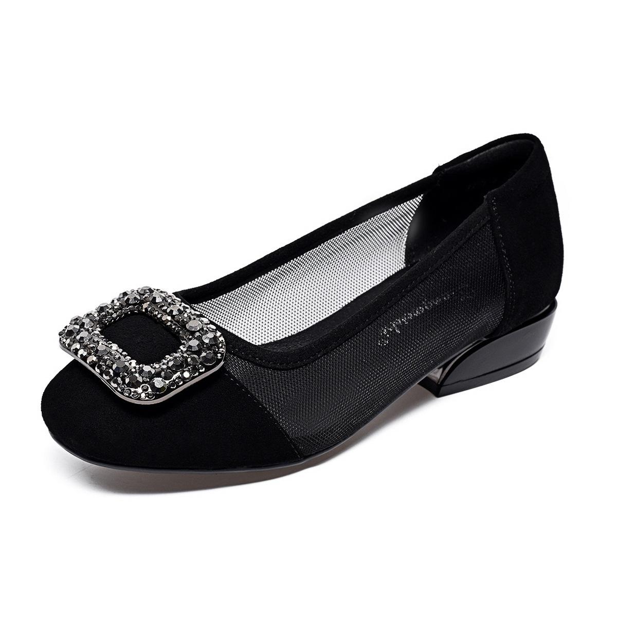 

Сетчатые туфли женские 2025 года с круглым носком, черной квадратной пряжкой, стразами, одной педалью, удобные сетчатые туфли на плоской подошве, мокасины 34 чёрный