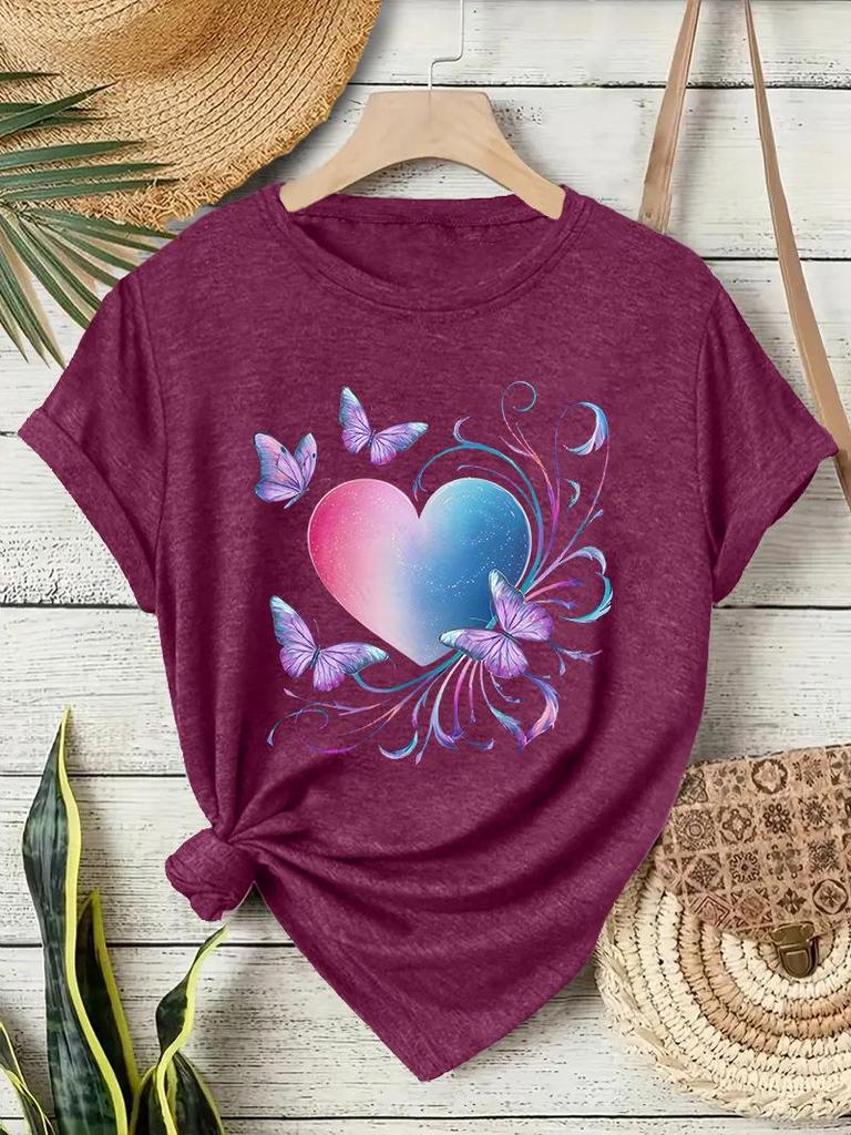 Europäisches & Amerikanisches Rundhals-T-Shirt mit Schmetterlings-Herz-Print für Damen - Sommer Lockeres Kurzarm-Oberteil