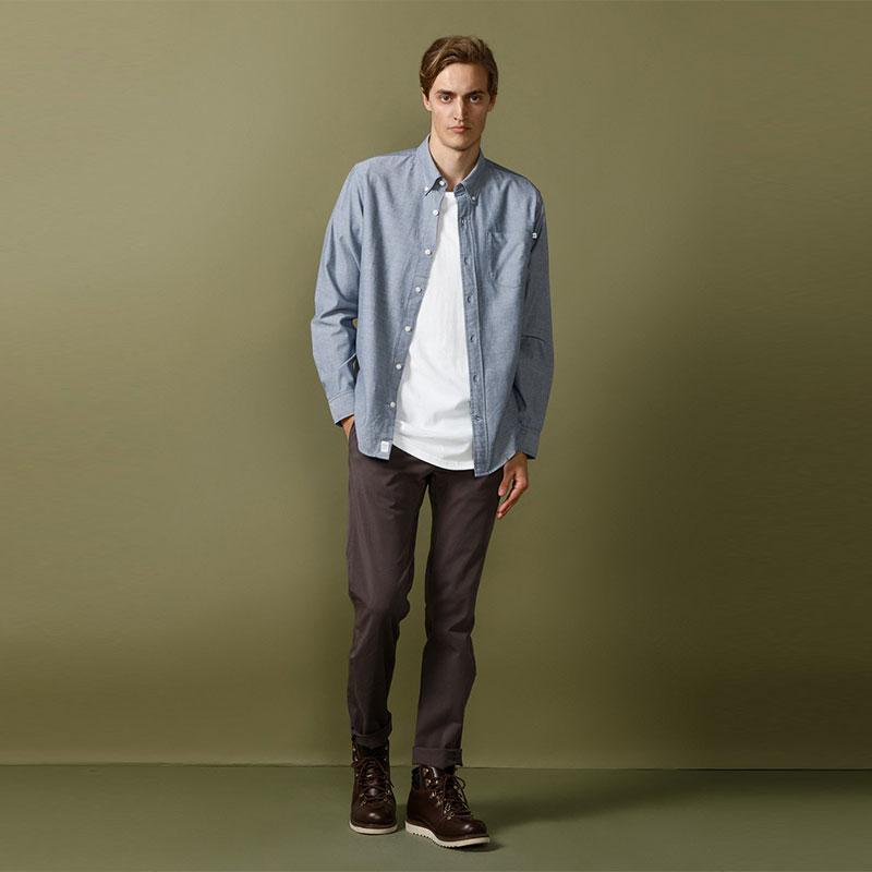 Timberland Solid Color Breathable Comfortable Fashion Single Button Pointed Collar Long Sleeve Shirt Men shirts Dark-Blue A1UI3-B68
