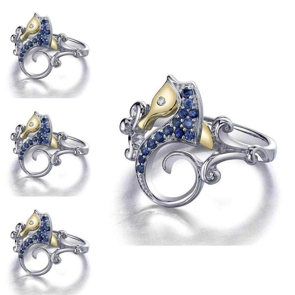 Elegant Women Silver Plated Sapphire Sea Horse Ring Perfect For Weddings And Parties