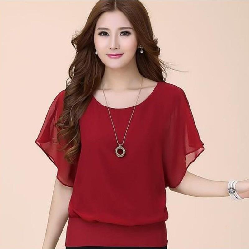 Women's Short-Sleeve Chiffon Bat Sleeve Loose Fit Top