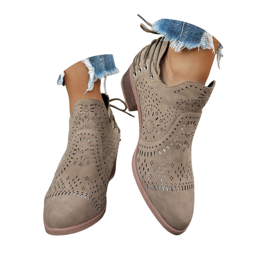 Women'S Boots & Booties Wedge Women'S Fashion Hollow Out Single Shoes Western Lace Up Chunky Heel Casual Shoes Botas De Mujer