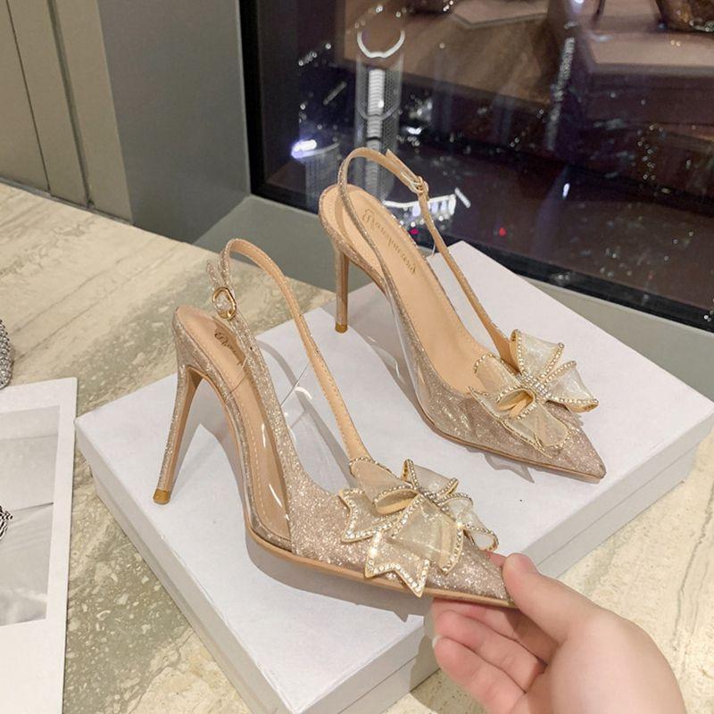 

весна и осень 2025 туфли на высоком каблуке с острым носком шпилька туфли-лодочки прозрачный бант стразы сандалии фея стиль 40