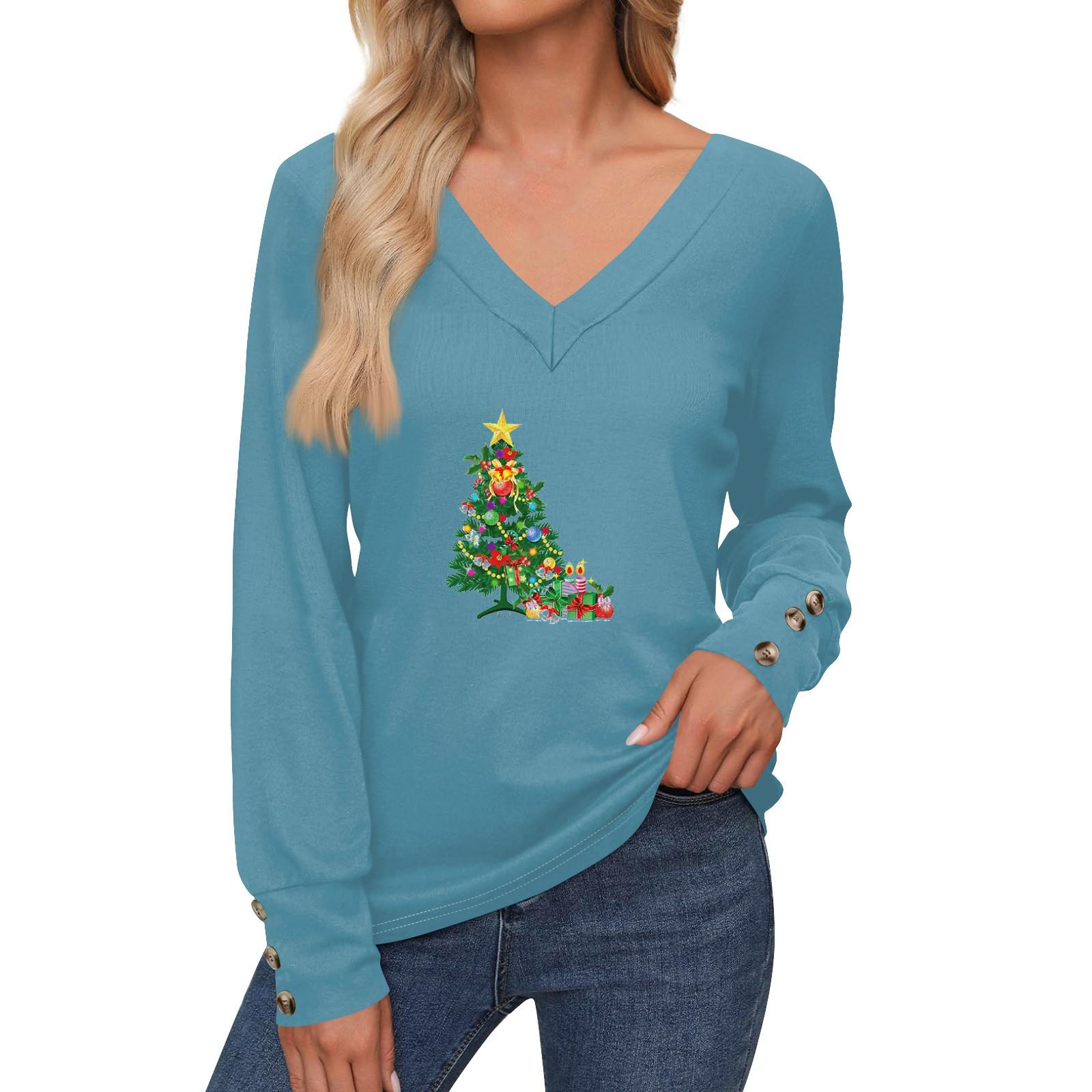 

Женские топы с рождественским принтом, рубашка с длинным рукавом, V-образный вырез, повседневная свободная футболка, осенняя одежда L винный