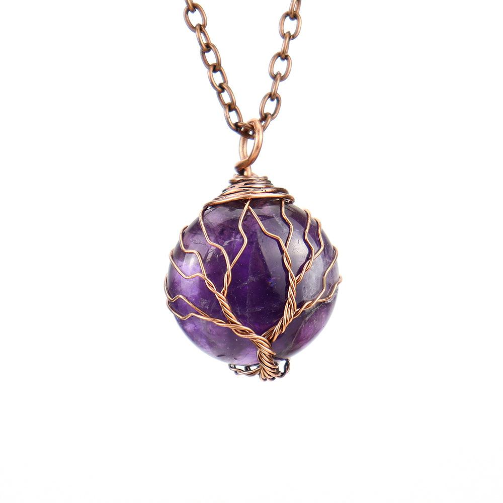 Natural Crystal Rough Stone Amethyst Round Winding Tree Of Life Pendant Necklace N647