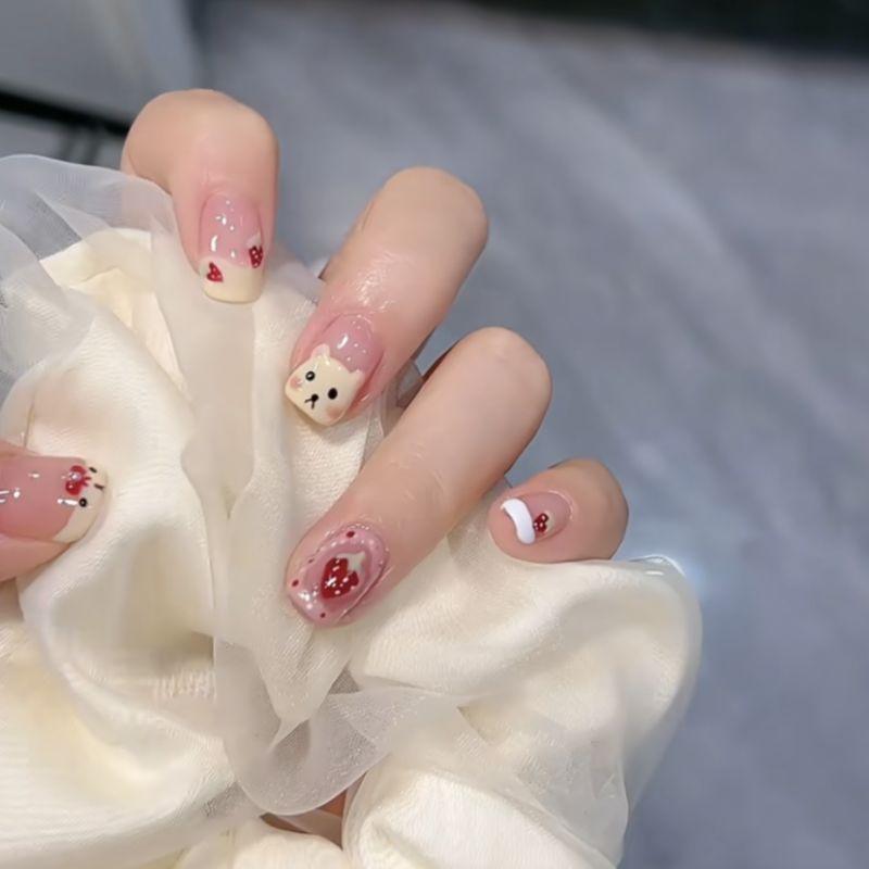 

Cute Hand-Painted Strawberry Bear Nail Stickers Childlike Strawberry French Style Daily Short Armor Wear Armor Trumpet XS Strawberry Bear [Short Square]]