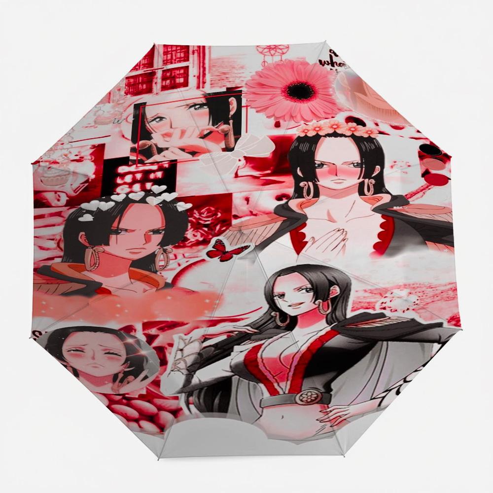 

One Piece Boa Hancock Multiple Character Collage Red Pink Aesthetic with Flowers Butterflies Anime Art Automatic Folding Umbrell (as the picture,Iron&8K)