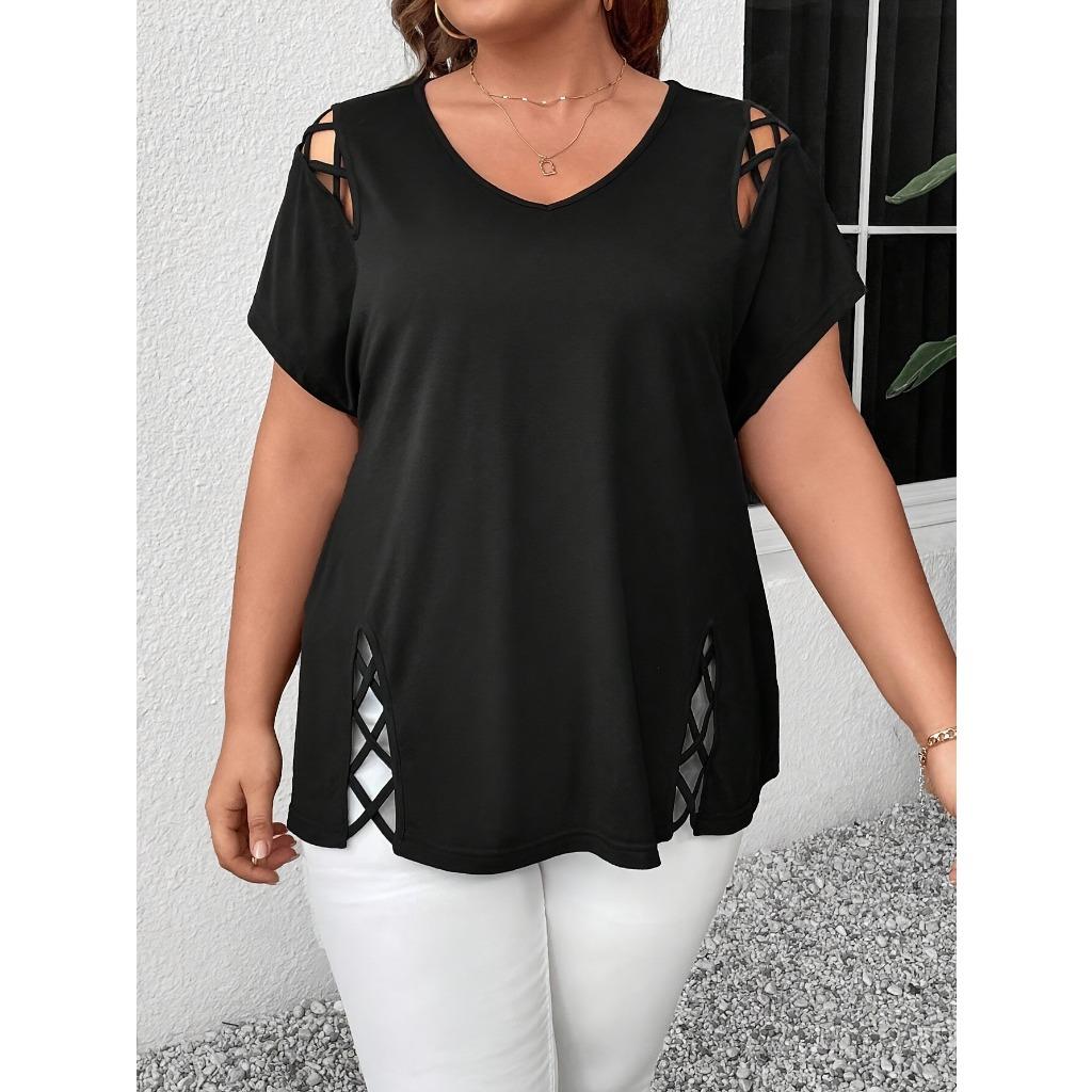women s Crisscross Cutout Plus Size Loose Blouse Short Sleeve V Neck Casual Tunic Top 0XL чёрный