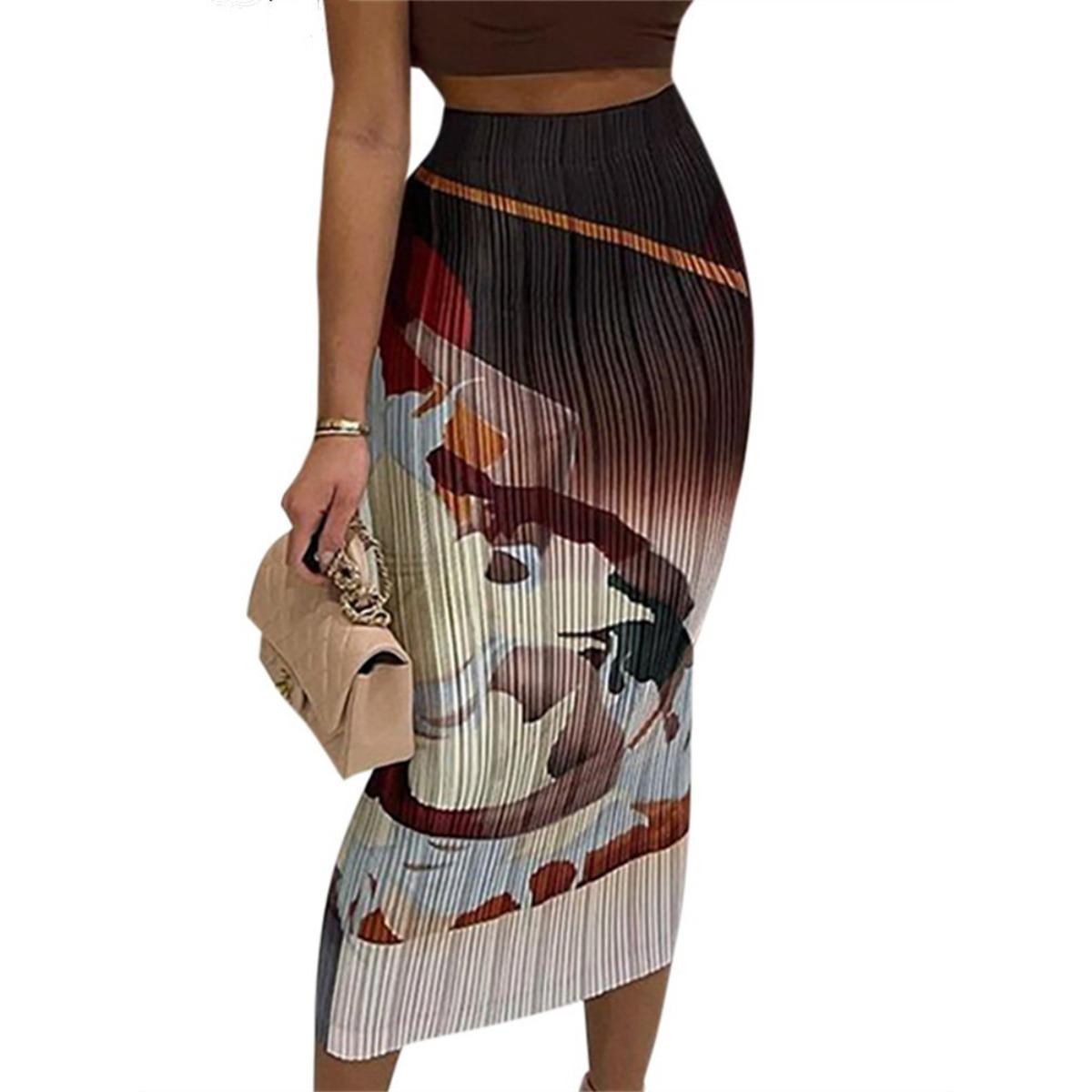

Summer Women s Sexy Ribbed Printed High Waist Elastic Long Midi Skirt European American Fashion Style L